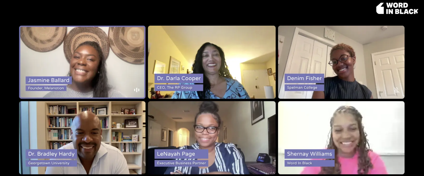 Jasmine Ballard moderating a Word In Black virtual panel.
